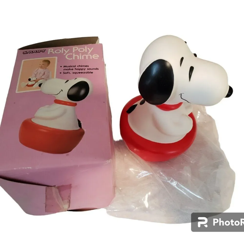 1980s Vintage Snoopy Peanuts Roly Poly Chime Toy Plastic w/Box Baby/Child Toy